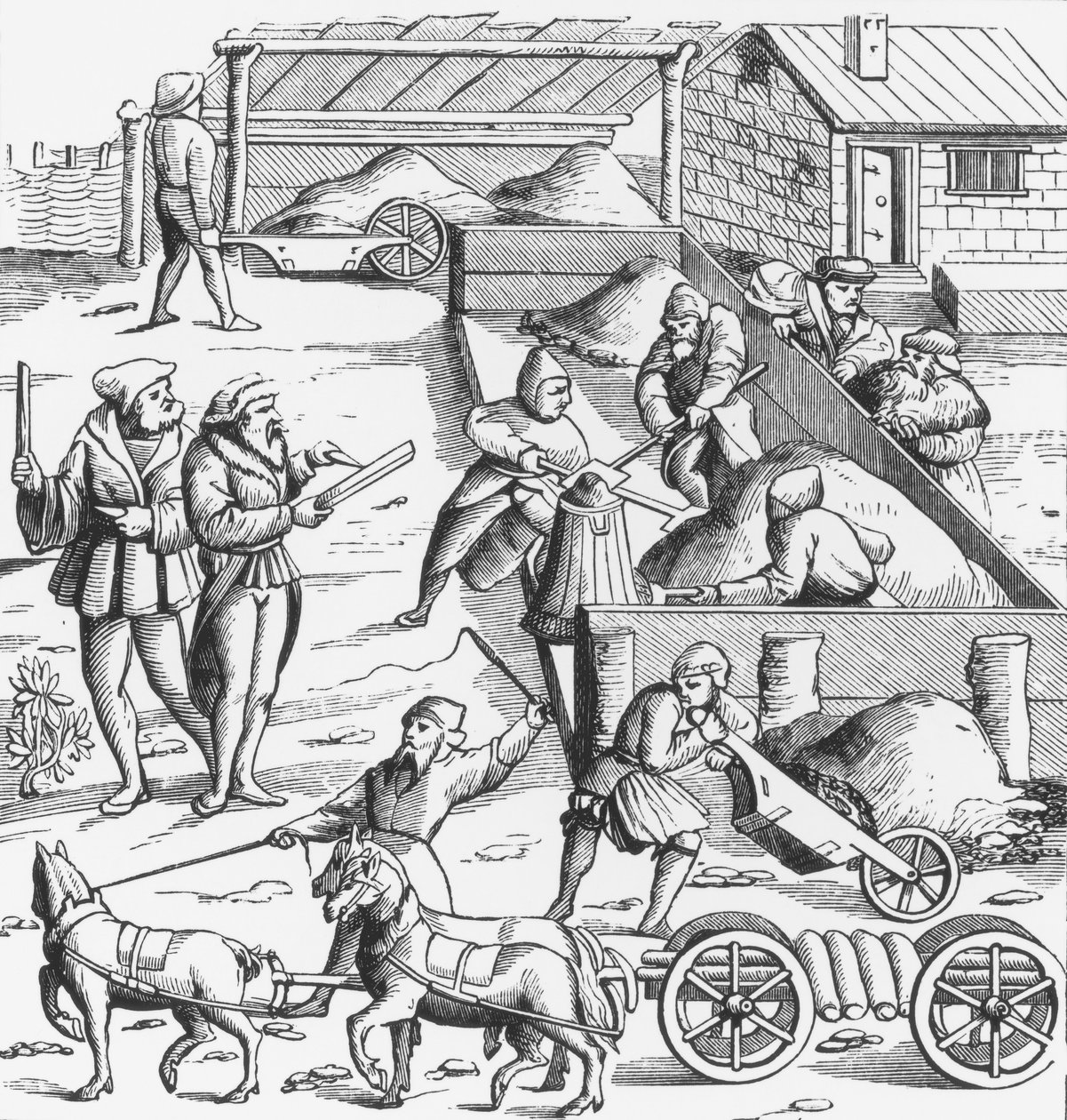 Udvinding af metaller, efter et træsnit i Cosmographie Universelle of Munster, udgivet 1552 af German School