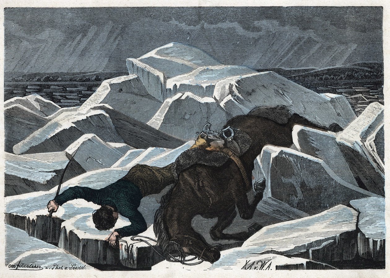 Grev Sandors og hans hests fald på Donaus knuste is. I "" Wenn Jemand eine Reise thut, so kann er was erzahlen"" (Når nogen rejser, det er det, han kan fortælle), tysk fortælling af Franz Wiedemann af German School