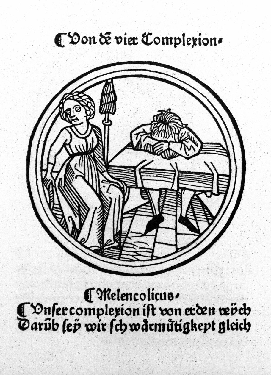 De fire temperamenter: melankolsk (trist og deprimeret). Xylografi, Augsburg 1480. af German School