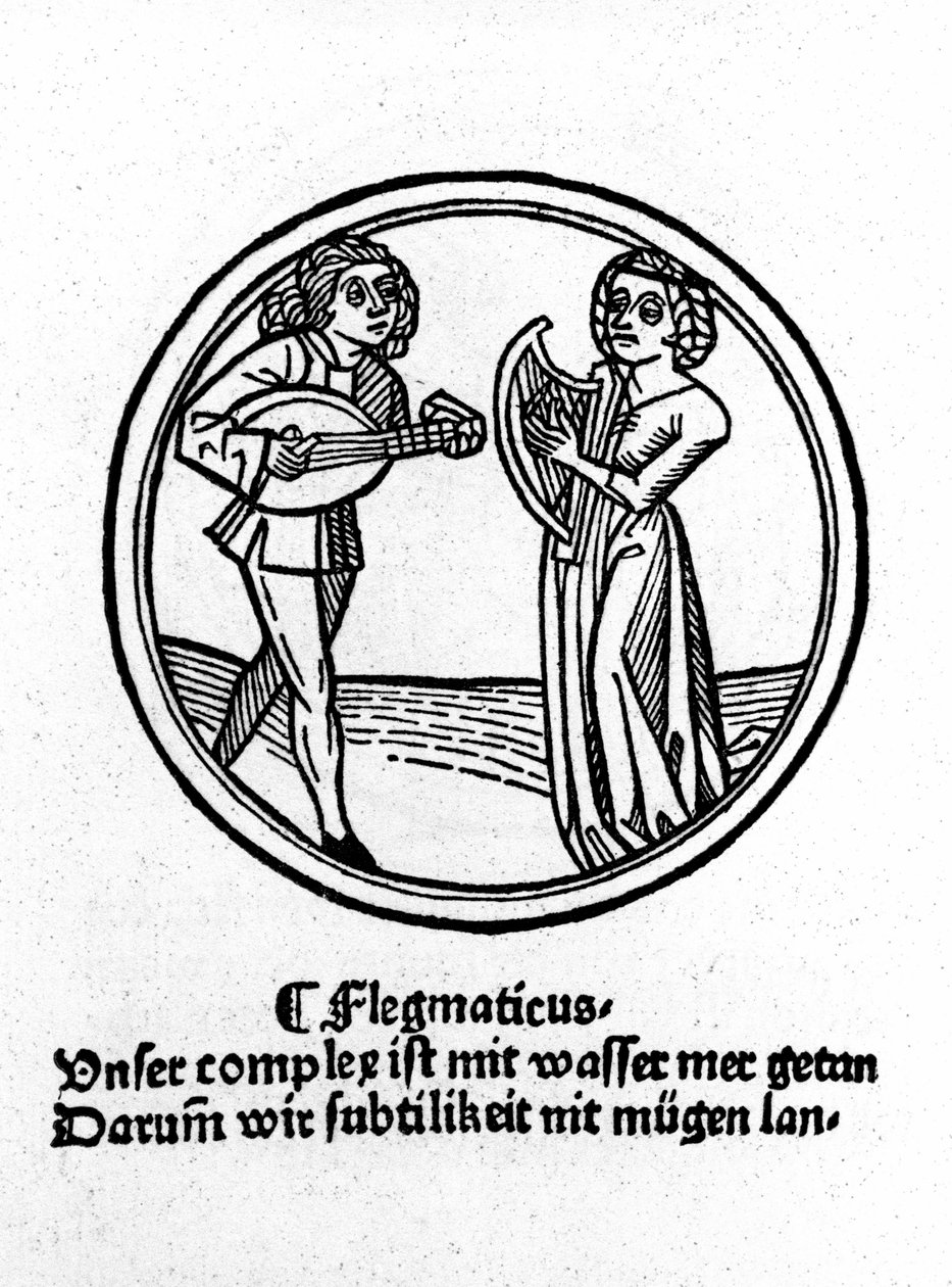De fire temperamenter: flegmatisk (langsom og apatisk). Xylografi, Augsburg 1480 af German School