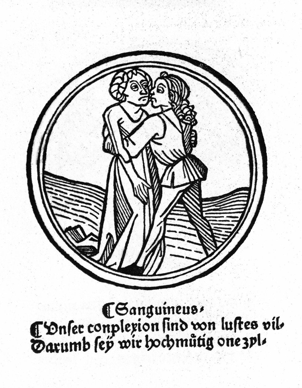 De fire temperamenter: blodet (varmt og venligt). Xylografi, Augsburg 1480. af German School
