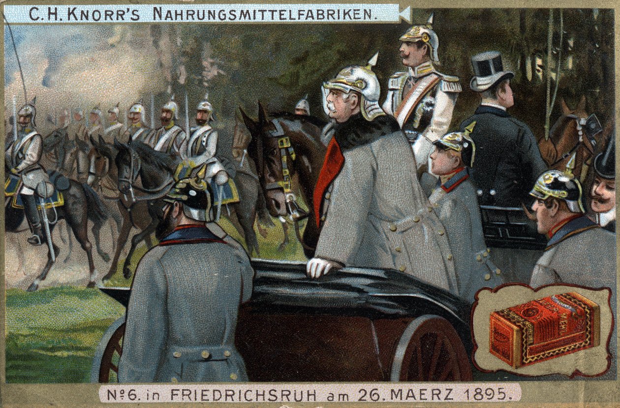 Militærtropperne fra den preussiske Armee passerede foran kansler Otto von Bismarck (1815-1898) den 26. marts 1895 i Friedrichsruh, Tyskland. Kromolitografi, slutningen af 1800-tallet. af German School