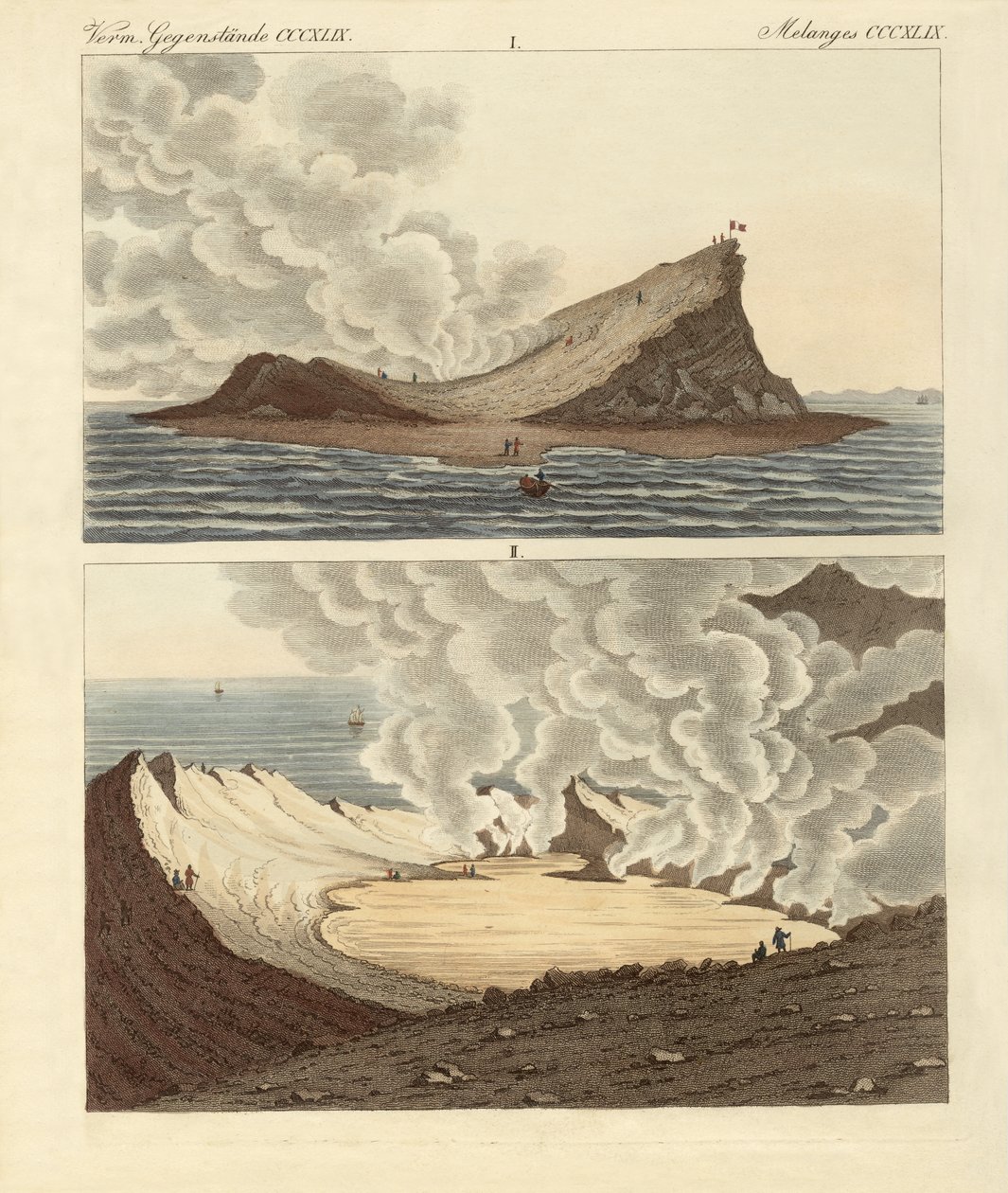 Den nye vulkanø ved Middelhavet, to måneder senere (farvet indgravering) af German School