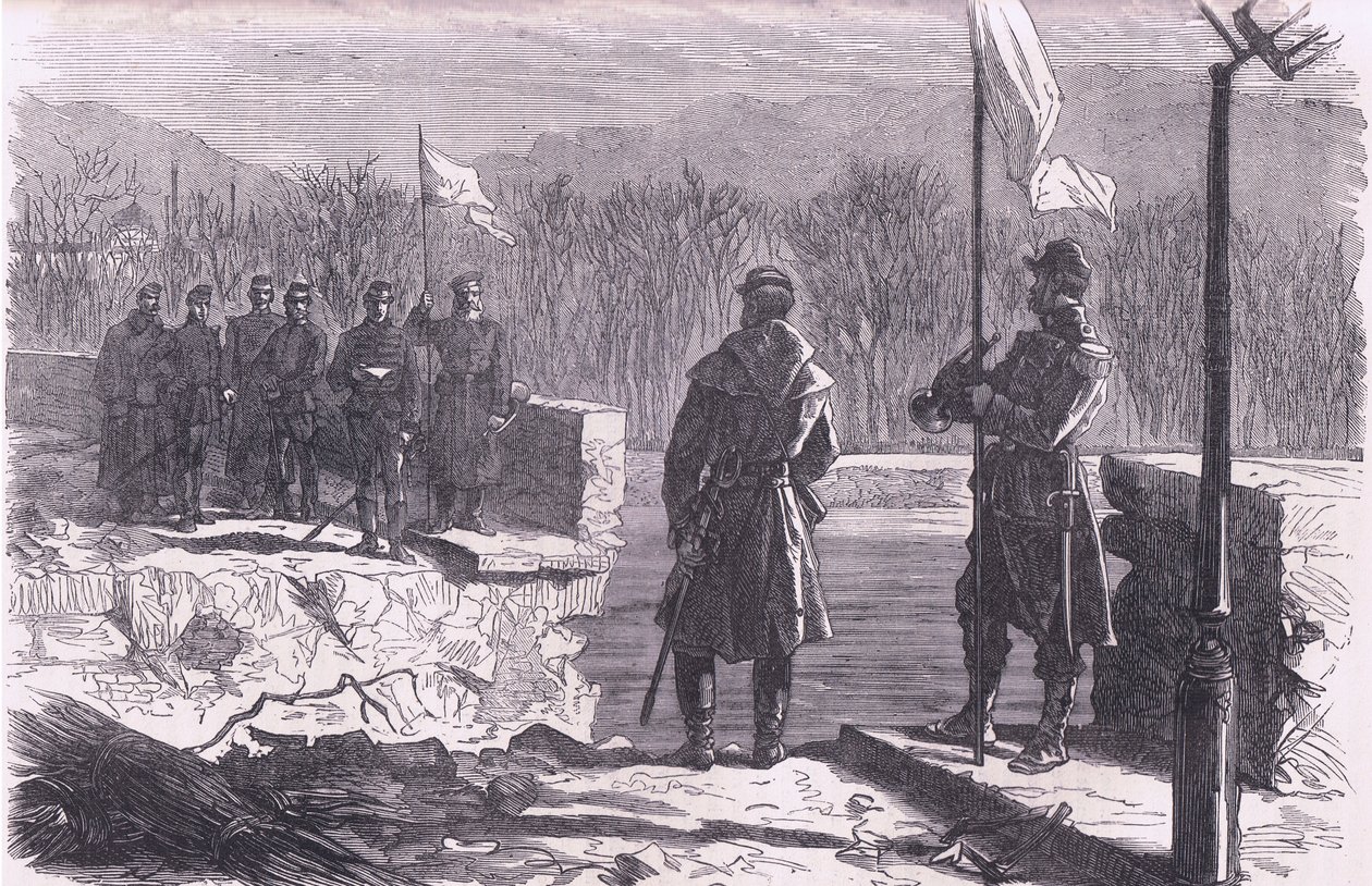 Fredsforhandlingerne - et møde ved broen i Sevres, Cassells historie om krigen mellem Frankrig og Tyskland udgivet af Cassell and Company Limited, ca. 1890 (litho) af German School