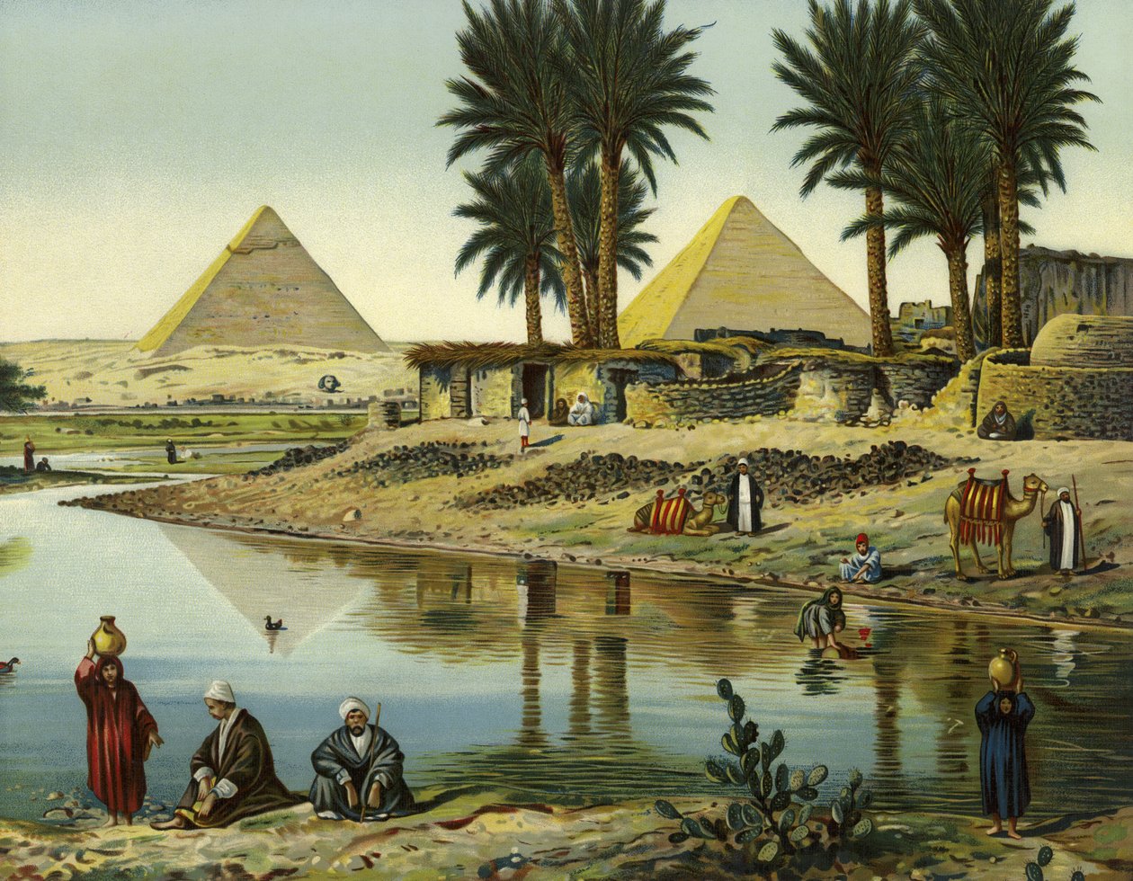 Pyramiderne i Gizeh (chromolitho) af German School