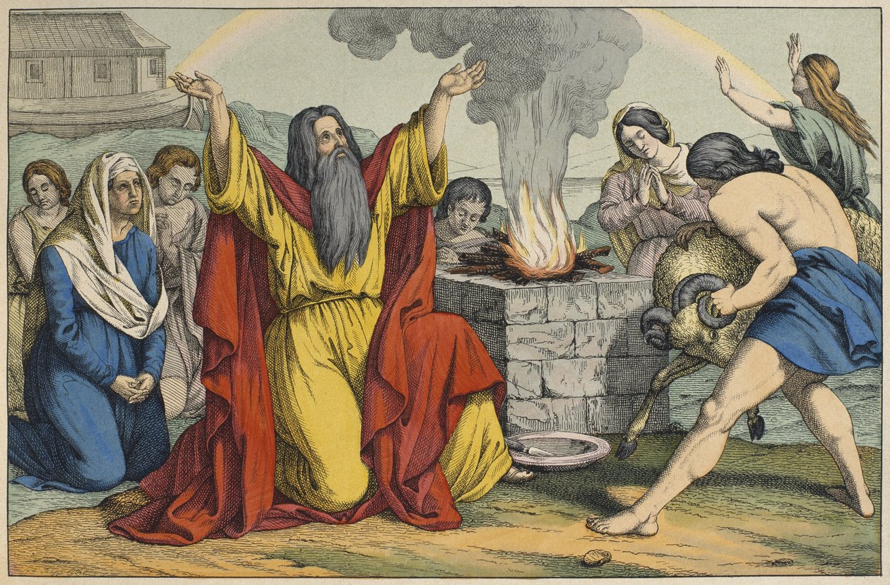 Noahs offer, illustration fra LANcien Testamente, udgivet af Jakob Ferdinand Schreiber, Esslingen (farvestik) af German School