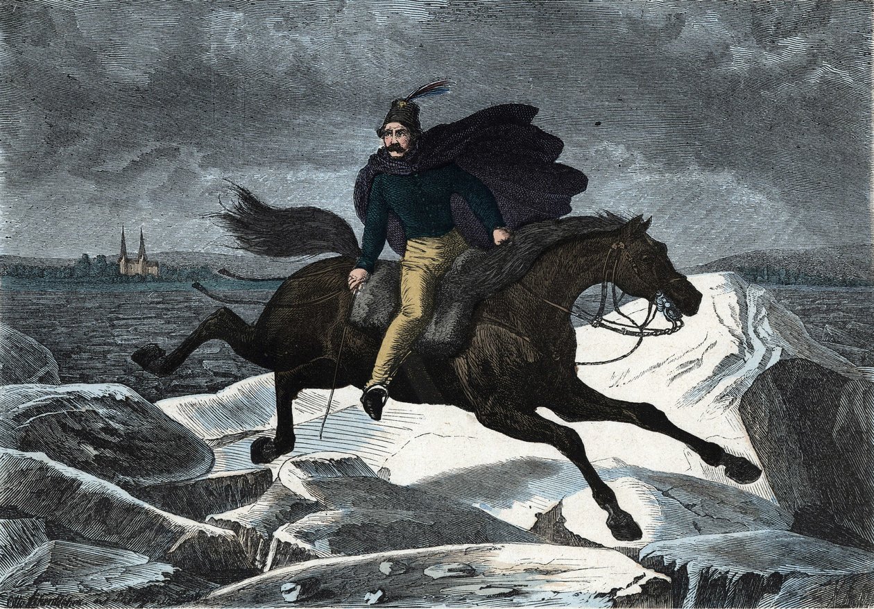 Fortællingen Sandor på sin hest Tartar galoperende på Donaus isflod. I "" Wenn Jemand eine Reise thut, so kann er was erzahlen"" (Når nogen rejser, det er det, han kan fortælle), tysk fortælling af Franz Wiedemann af German School