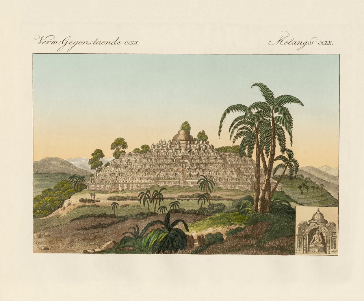 Buddha-templet af Borobudur i Java (farvet gravering) af German School
