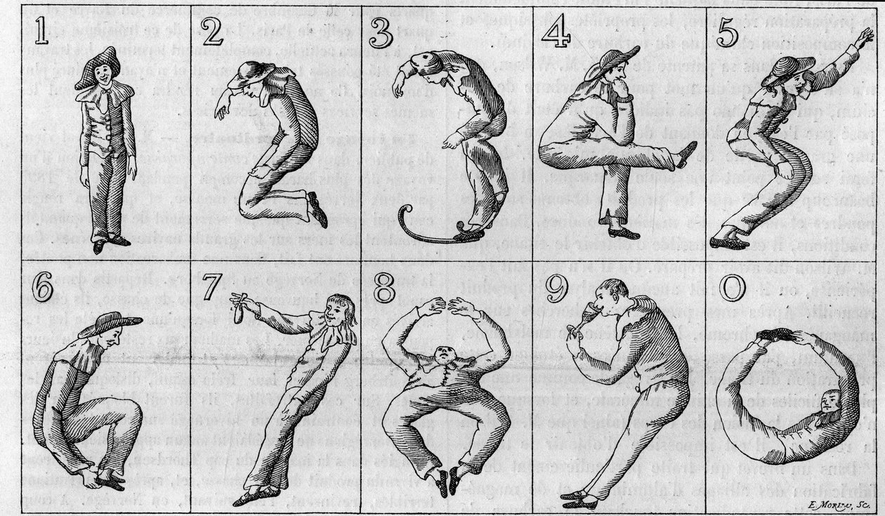 De ti figurer figur af Harlekin. (Reduktion af halvdelen af originalen, fra Gaston Tissandiers samling). Tysk indgravering fra det 18. århundrede i "La Nature: revue des sciences et de leurs applications aux arts et a l