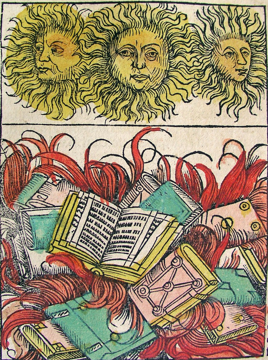 "Three Suns and Book Burning", udgivet i Nürnberg Chronicle, 1493 af German School