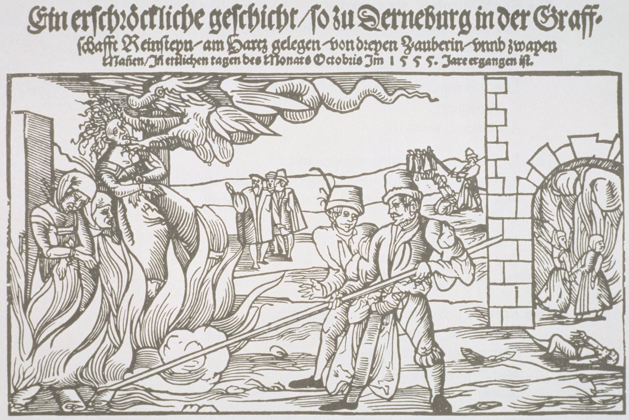 Tre hekse brændt levende, pjeceillustration af German School