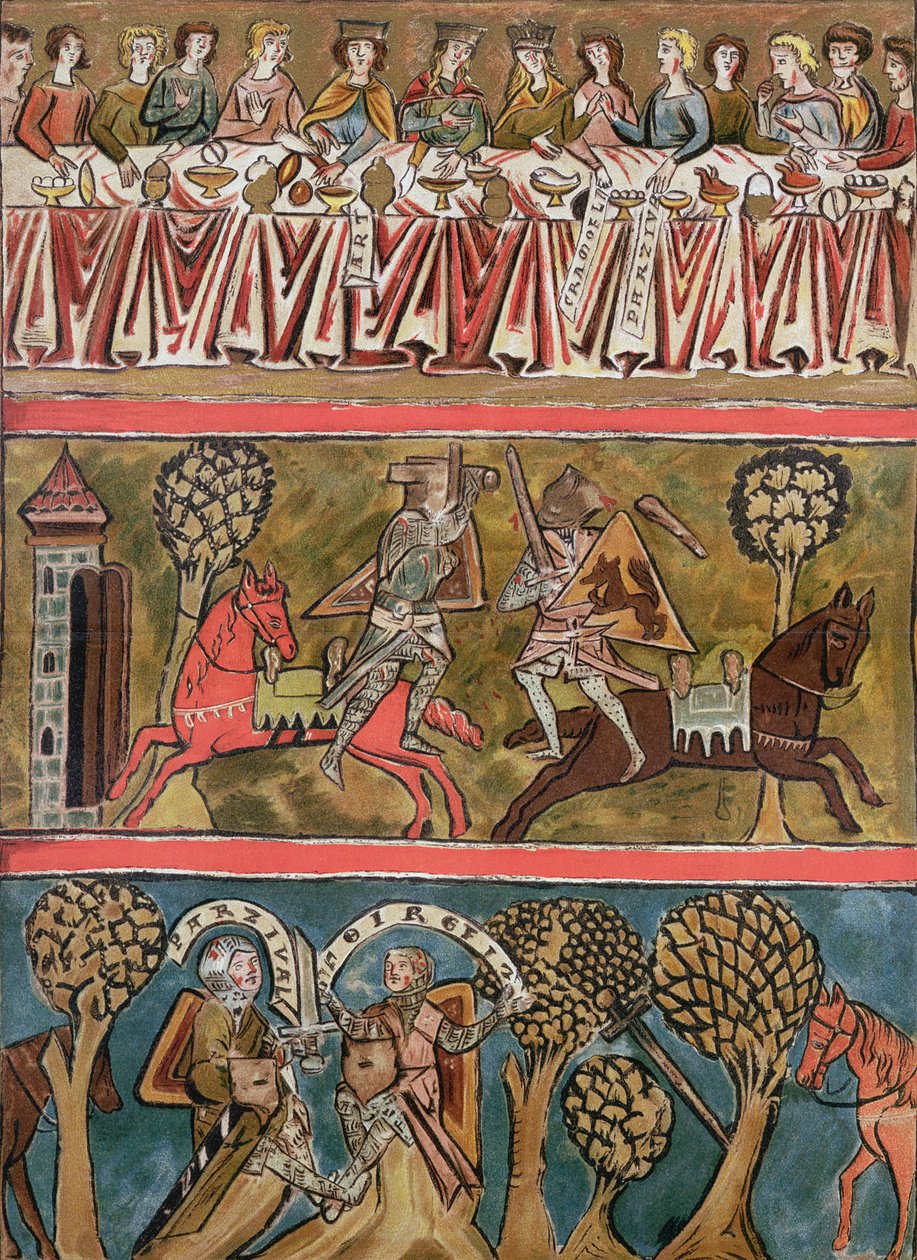 Tre scener fra Parsifal af Wolfram von Eschenbach (d.c.1230) faksimile fra et manuskript fra det 13. århundrede af German School