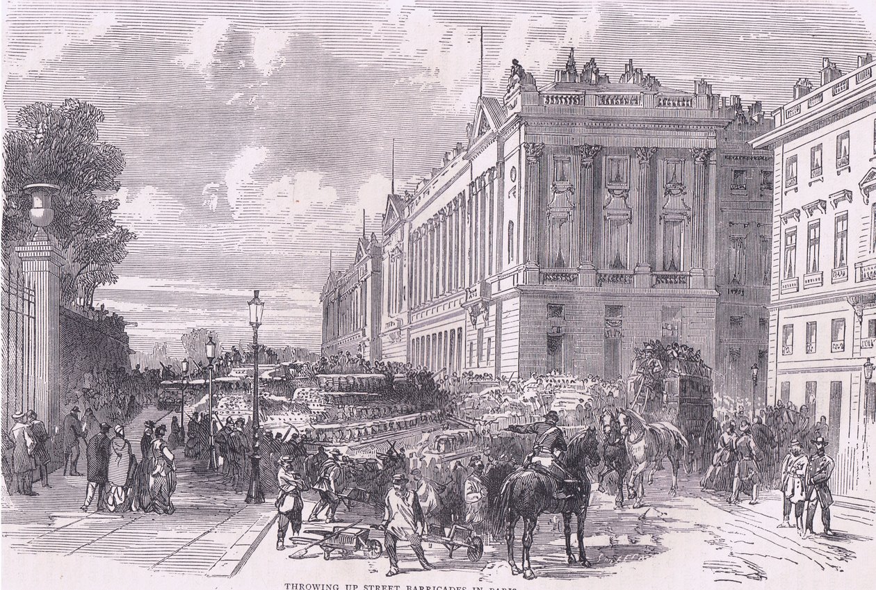 Kaster gadebarrikader op i Paris, Cassells historie om krigen mellem Frankrig og Tyskland udgivet af Cassell and Company Limited, ca. 1890 (litho) af German School
