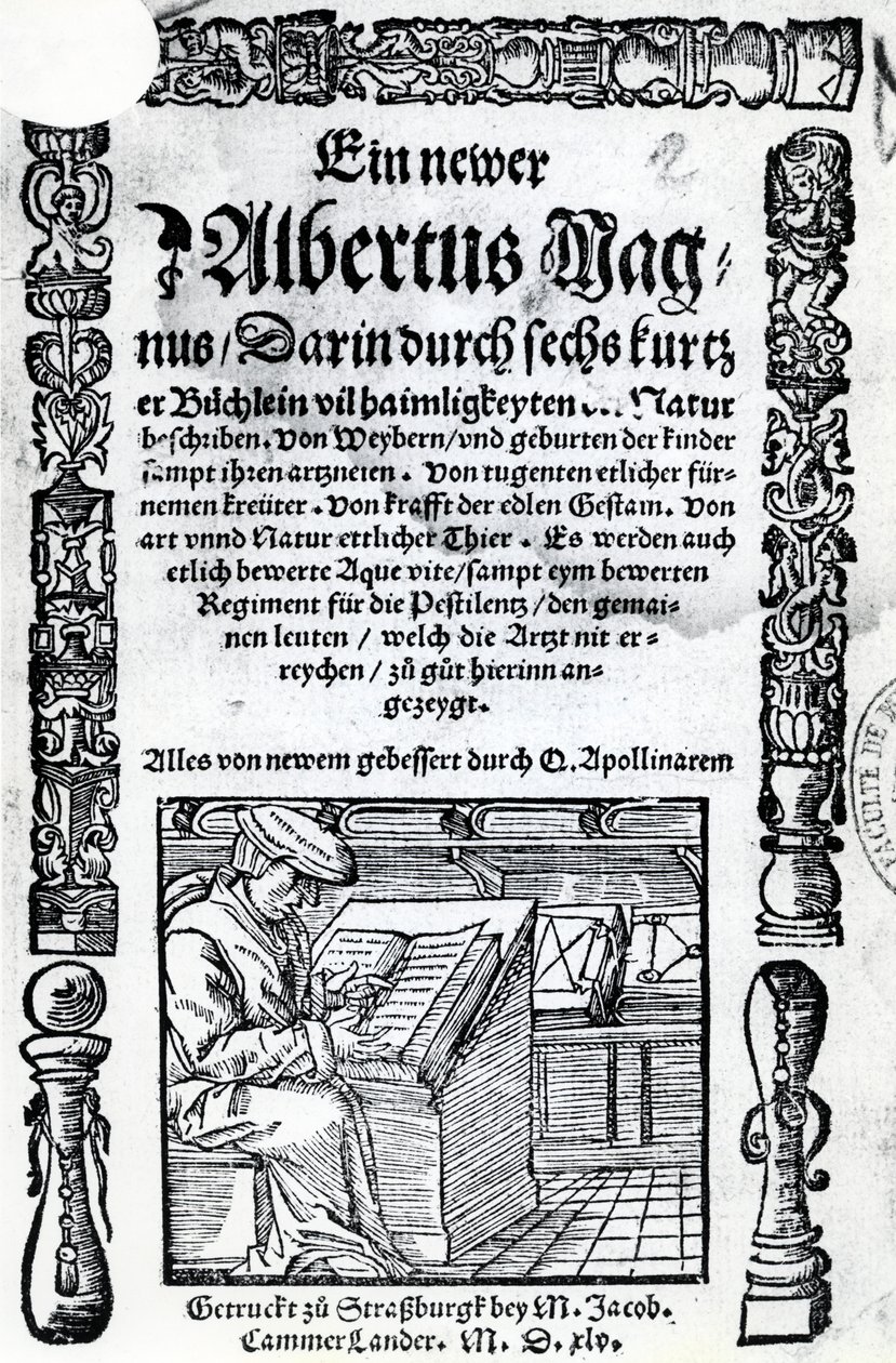 Titelblad til en ny Albertus Magnus: seks korte bøger, der beskriver mange af naturens hemmeligheder, udgivet 1514 (træsnit og bogtryk) af German School