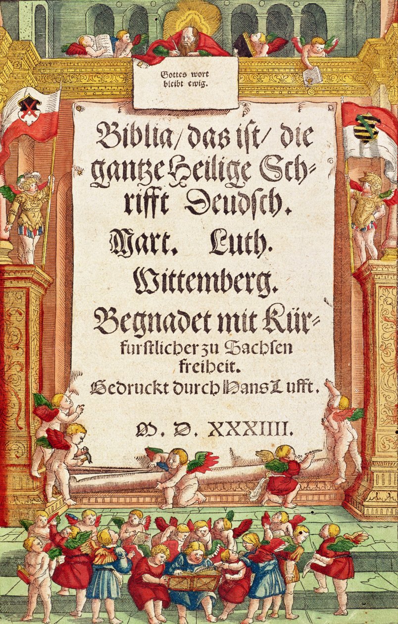Titelblad fra Lutherbibelen, ca. 1530 (farvet træsnit) af German School