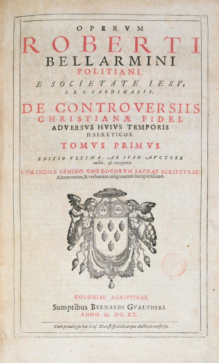 Titelblad til De Controversiis af Robert Bellarmine, udgave udgivet i Köln i 1620 (trykt papir) af German School