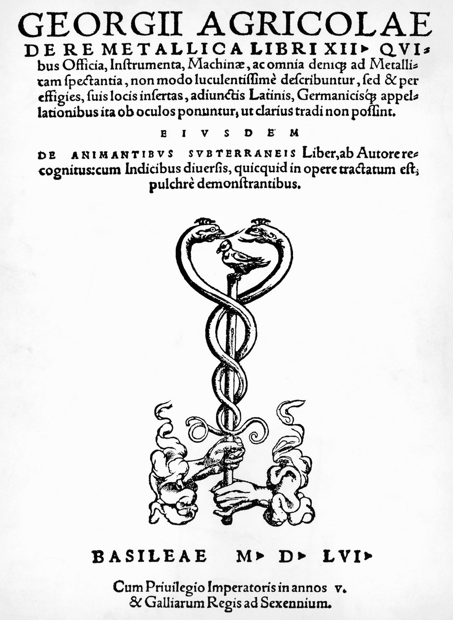 Titelside til De re metallica (Om metallers natur), af Georg Pawer eller Georgius Agricola (1494-1555), udgivet i Basel af German School