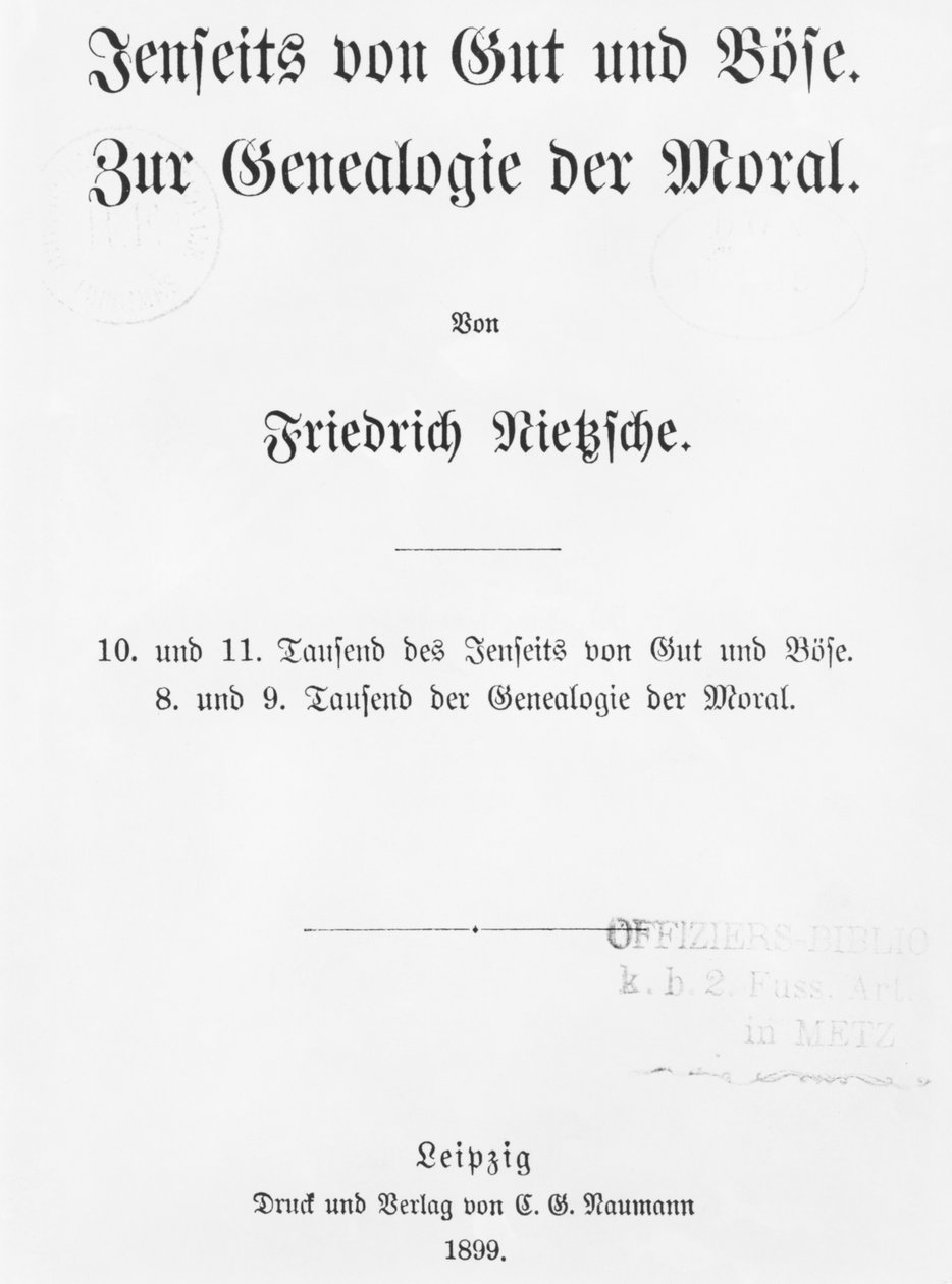 Titelside af Beyond Good and Bose og On the Genealogy of Morals af Friedrich Wilhelm Nietzsche, udgivet Naumann, Leipzig, 1899 af German School
