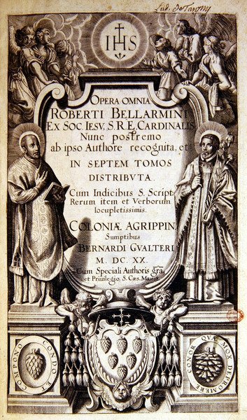 Titelside på Opera Omnia (komplette værker) af Robert Bellarmine, udgave udgivet i Köln i 1620 (trykt papir) af German School