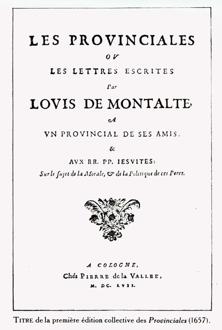 Titelblad for Les Provinciales af Blaise Pascal (1623-62), Amsterdam, 1657 (blæk på papir) af German School