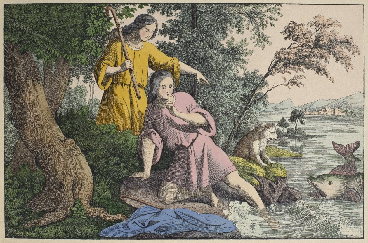 Tobias and the Archangel Raphael, illustration fra LANcien Testament, udgivet af Jakob Ferdinand Schreiber, Esslingen (farvestik) af German School