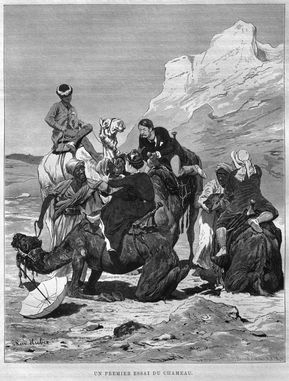 Turister på kameler tilbage, fra LEgypte af Georg Moritz Ebers (1837-98), 1881 (bw gravering) af German School