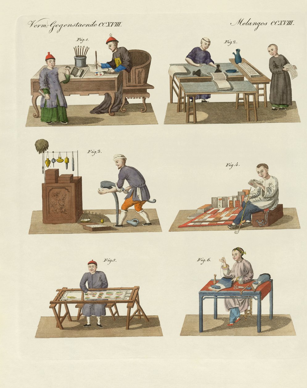 Handel, kunst og håndværk i Kina (farvet gravering) af German School