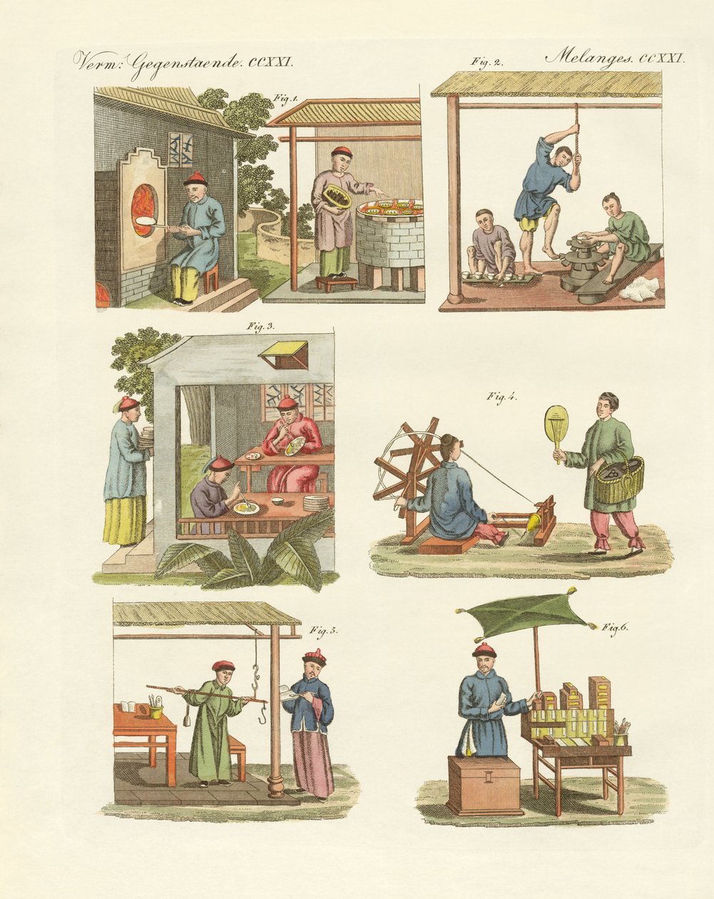 Handel, kunst og håndværk i Kina (farvet gravering) af German School