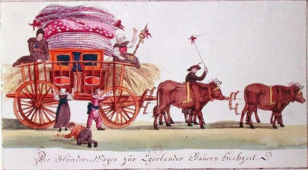 Transport af en ægteseng efter brylluppet af bønder fra Eger (nu Ched) i Bøhmen (nu Tjekkiet) (akvarel på papir) af German School