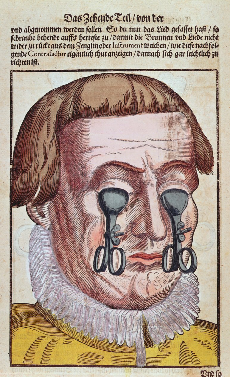 Behandling af en øjensygdom, fra Ophthalmodouleia af Georg Bartisch (1535-1636) udgivet i Dresden i 1583 (træblok i farver) af German School