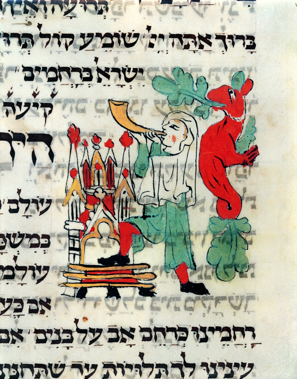 Trompetist blæser i Shofar på tidspunktet for Rosh Hashanah og Yom Kippur, manuskript ifølge den tyske ritual, 13.-14. århundrede af German School