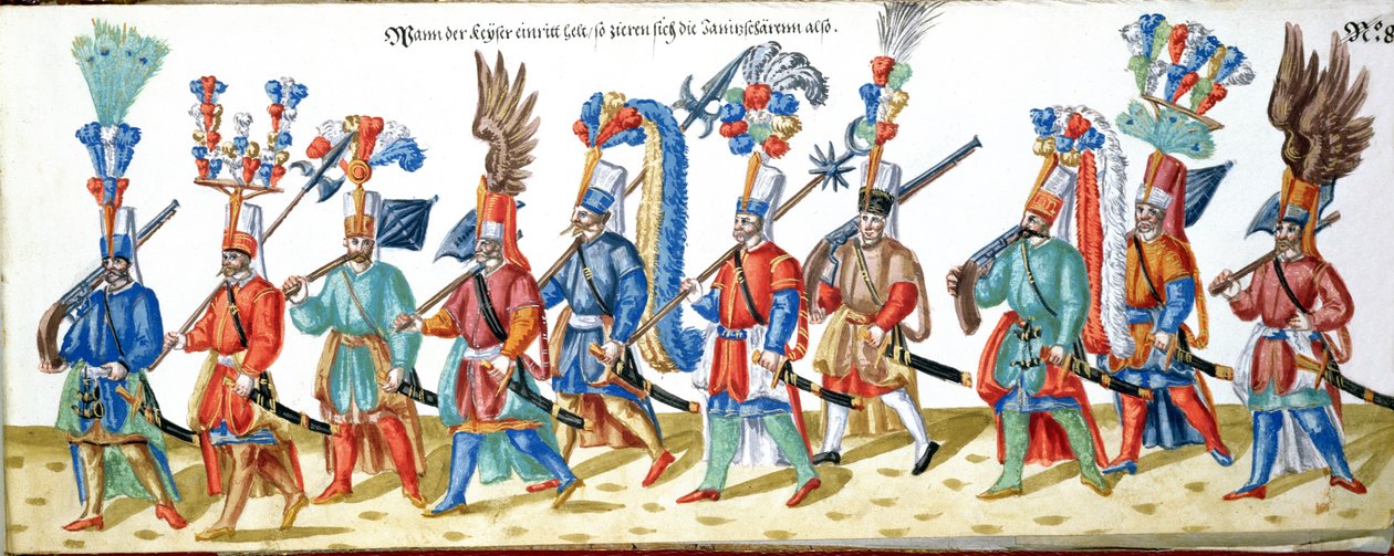 Tyrkiske janitsjarer, fra en samling af illustrationer vedrørende den osmanniske sultans hof, ca. 1600 (wc på papir) af German School