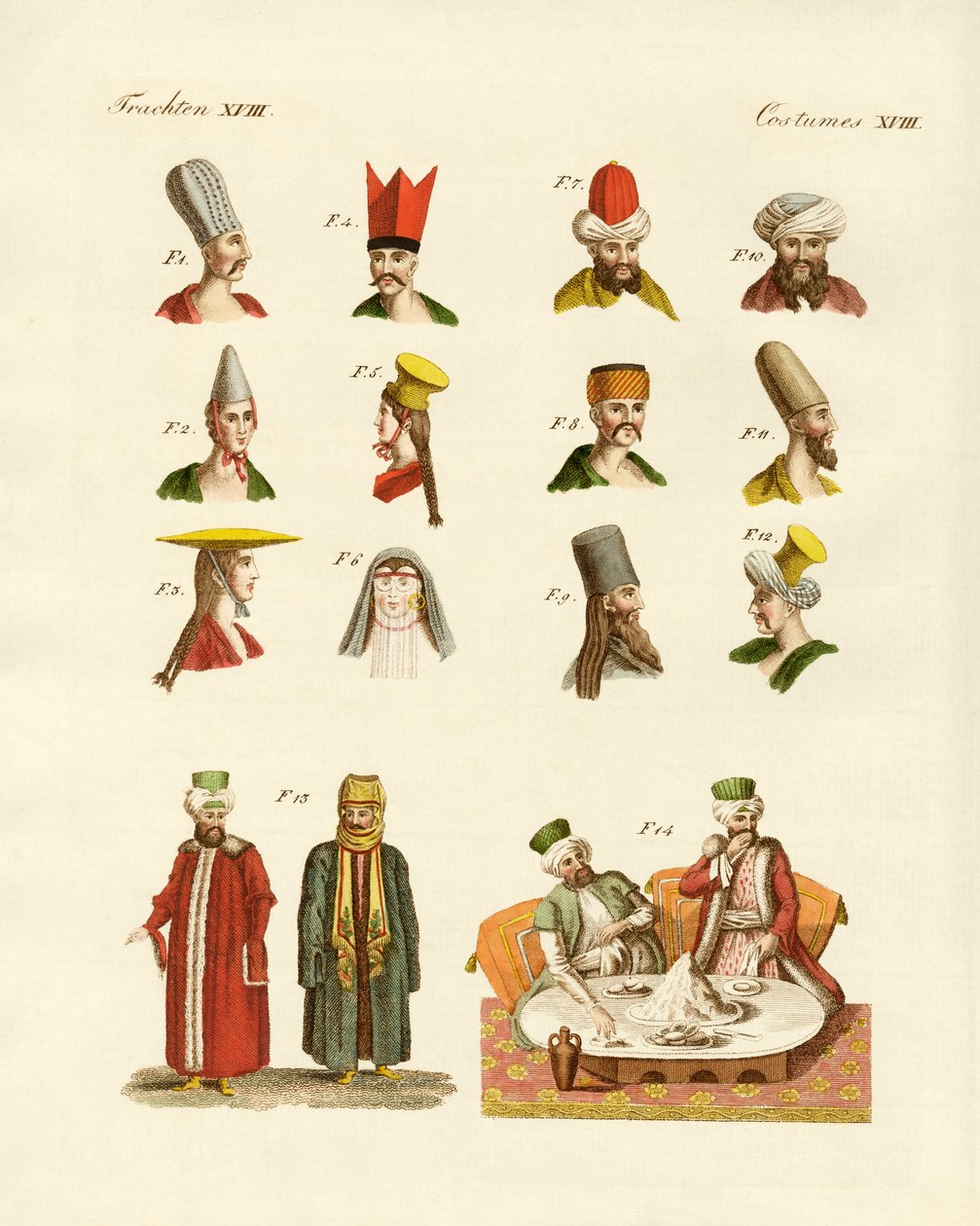 Tyrkiske nationaldragter (farvet gravering) af German School