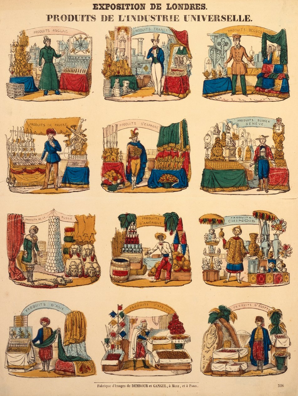 Tolv udstillingsstande fra forskellige nationer på Great Exhibition i London, udgivet af Dambour & Gangel, Metz, 1851 (trægravering) af German School