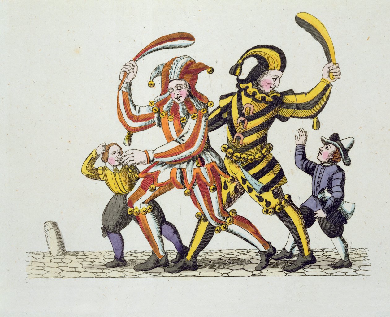 To gøglere, der leger med børn, fra gamle Nürnbergs skikke og praksis i spil og sange, genudgivet 1831 af German School