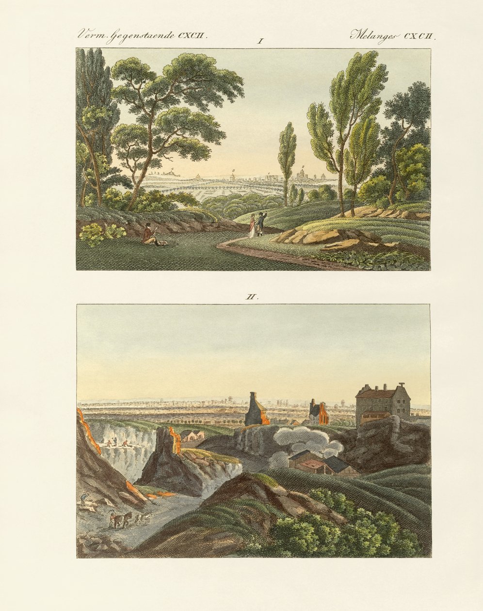To udsigter over Paris (farvet gravering) af German School