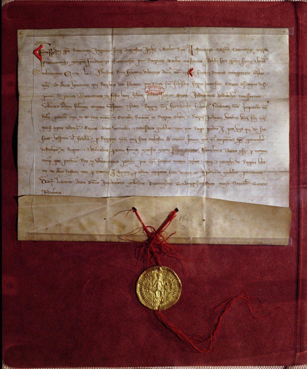 Kejser Frederik IIs (1194-1250) løfte om at forsyne kong Ludvig IX (1214-70) med heste, våben og proviant til det syvende korstog, 1246 af German School