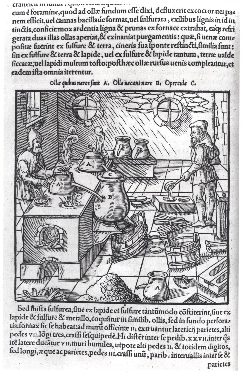 Using Sulphur, fra De Re Metallica af Georg Bauer (1494-1566), kendt som Agricola af German School