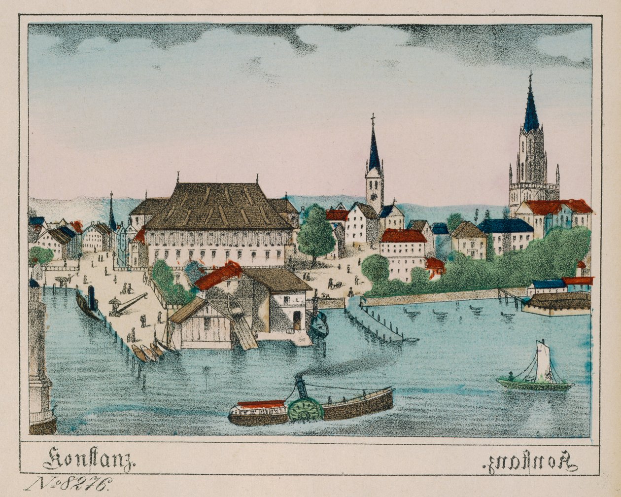 Udsigt over Konstanz, der viser havnen, Konzil og katedralen, fra Neuruppiner Bilderbogen, 1830 af German School