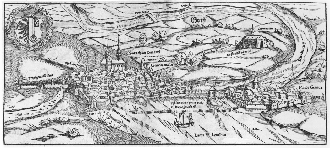 Udsigt over Genève, fra Cosmographie Universelle af Sebastien Munster (1488-1552) Basel, udgivet 1559 af German School