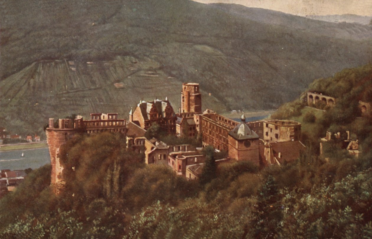 Udsigt over Heidelberg Slot fra Molkenkur (farvelitografi) af German School