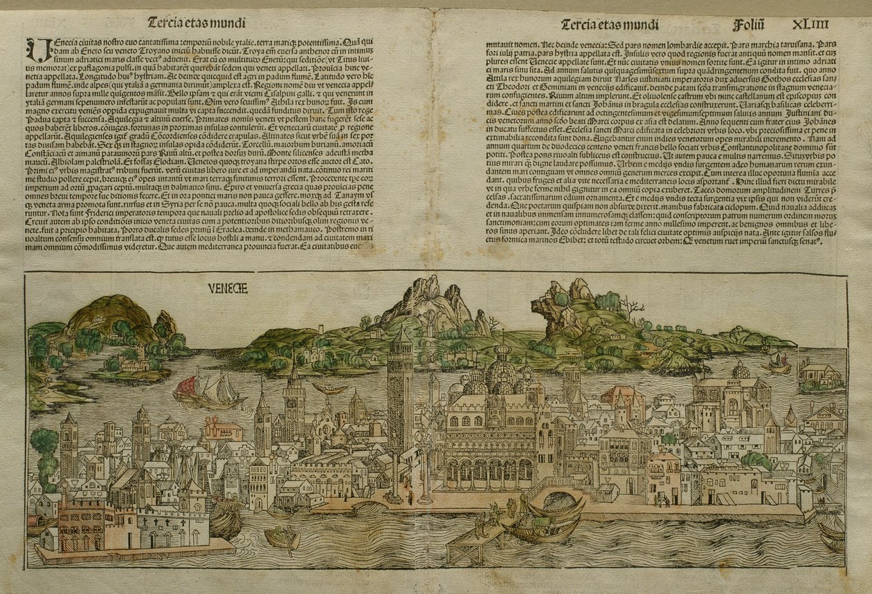 Udsigt over Venedig, illustration fra Liber Chronicarum af Hartmann Schedel (1440-1514) udgivet i Nürnberg, 1493 af German School