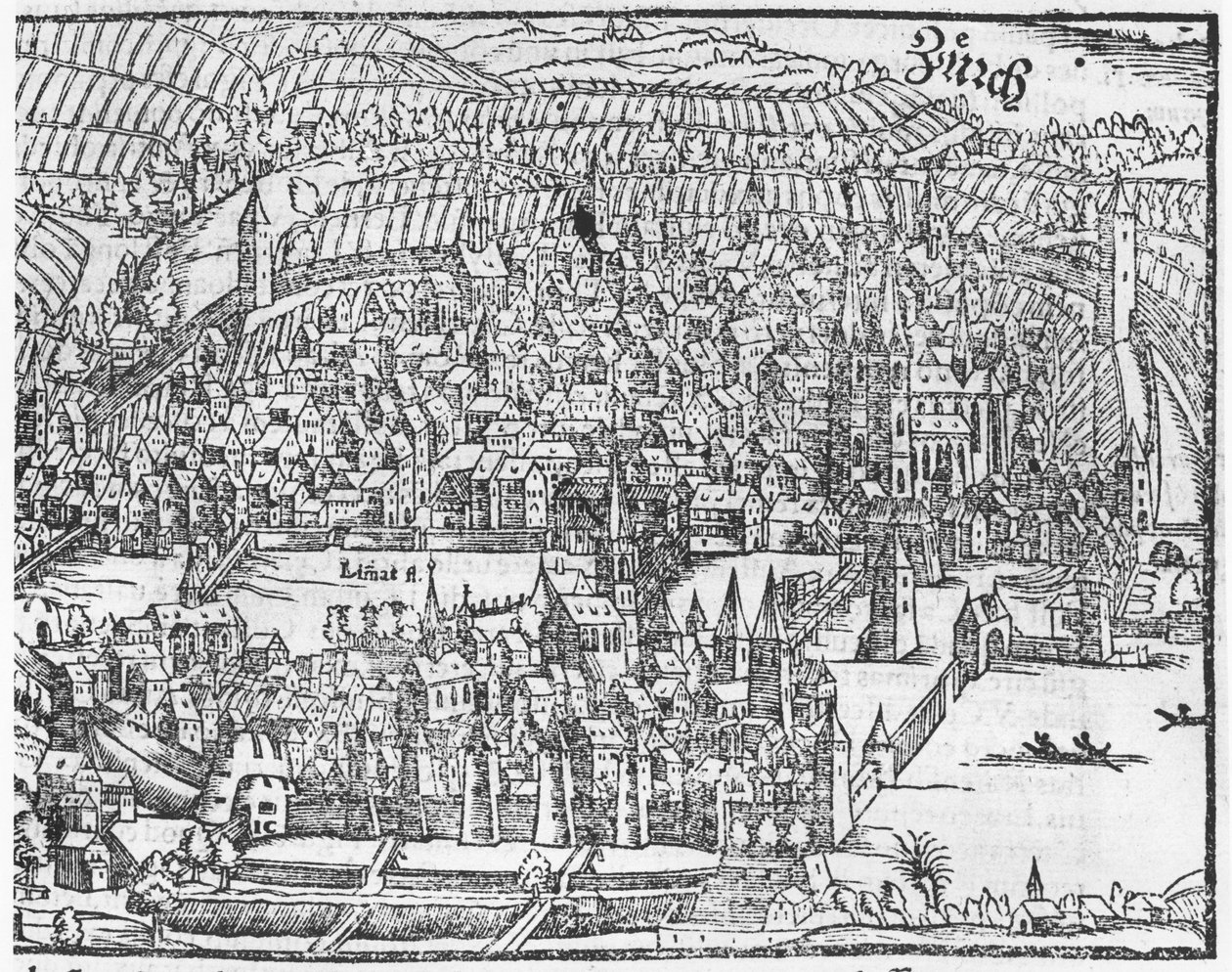 Udsigt over Zürich, fra Cosmographie Universelle af Sebastien Munster (1488-1552) Basel, udgivet 1559 af German School