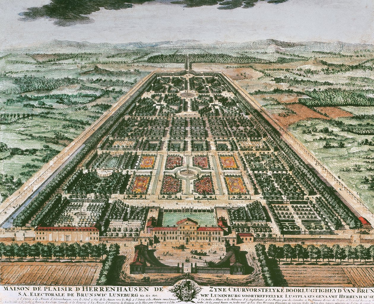Udsigt over Herrenhausen Slots have, omkring 1708, farvetryk, Tyskland af German School