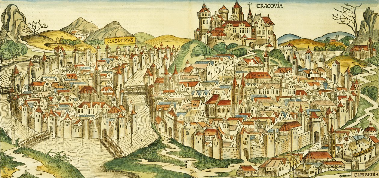 Udsigt over byen Krakow (Krakow), fra Nürnbergkrøniken af Hartmann Schedel (1440-1514) 1493 af German School