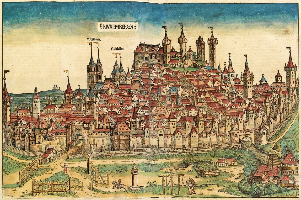 Udsigt over byen Nürnberga, offentliggjort i Nürnberg Chronicle, 1493 af German School