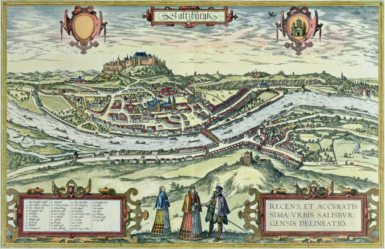 Udsigt over byen Salzburg ved bredden af floden Salzach med slottet Hohensalzburg i baggrunden, fra 