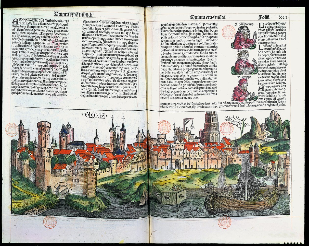 Udsigt over byen Köln, fra Nürnbergkrøniken af Hartmann Schedel, 1493 (træstik i farver) af German School