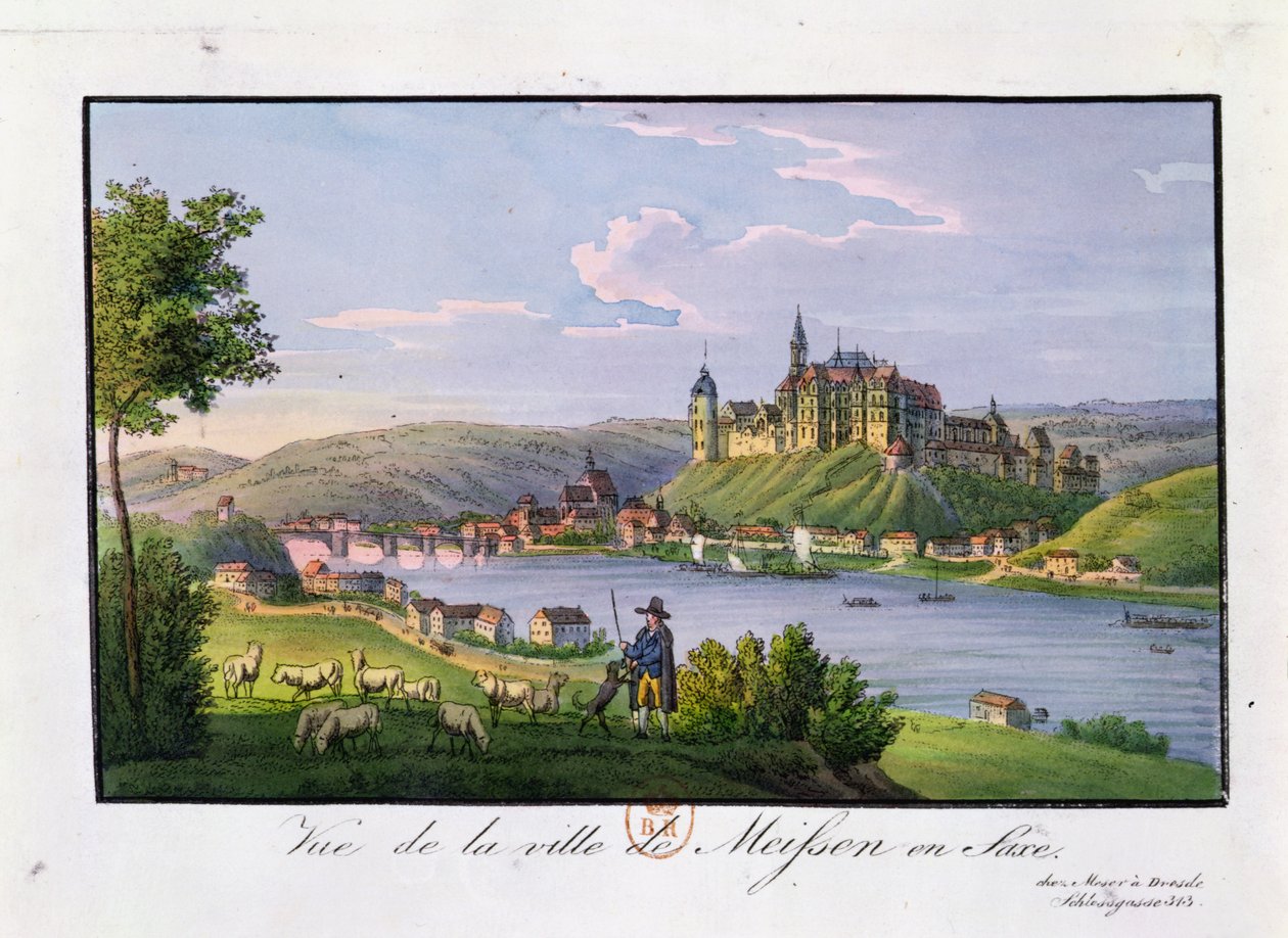 Udsigt over byen Meissen, fødested for Christian Samuel Hannemann (1755-1843), (farvestik) af German School