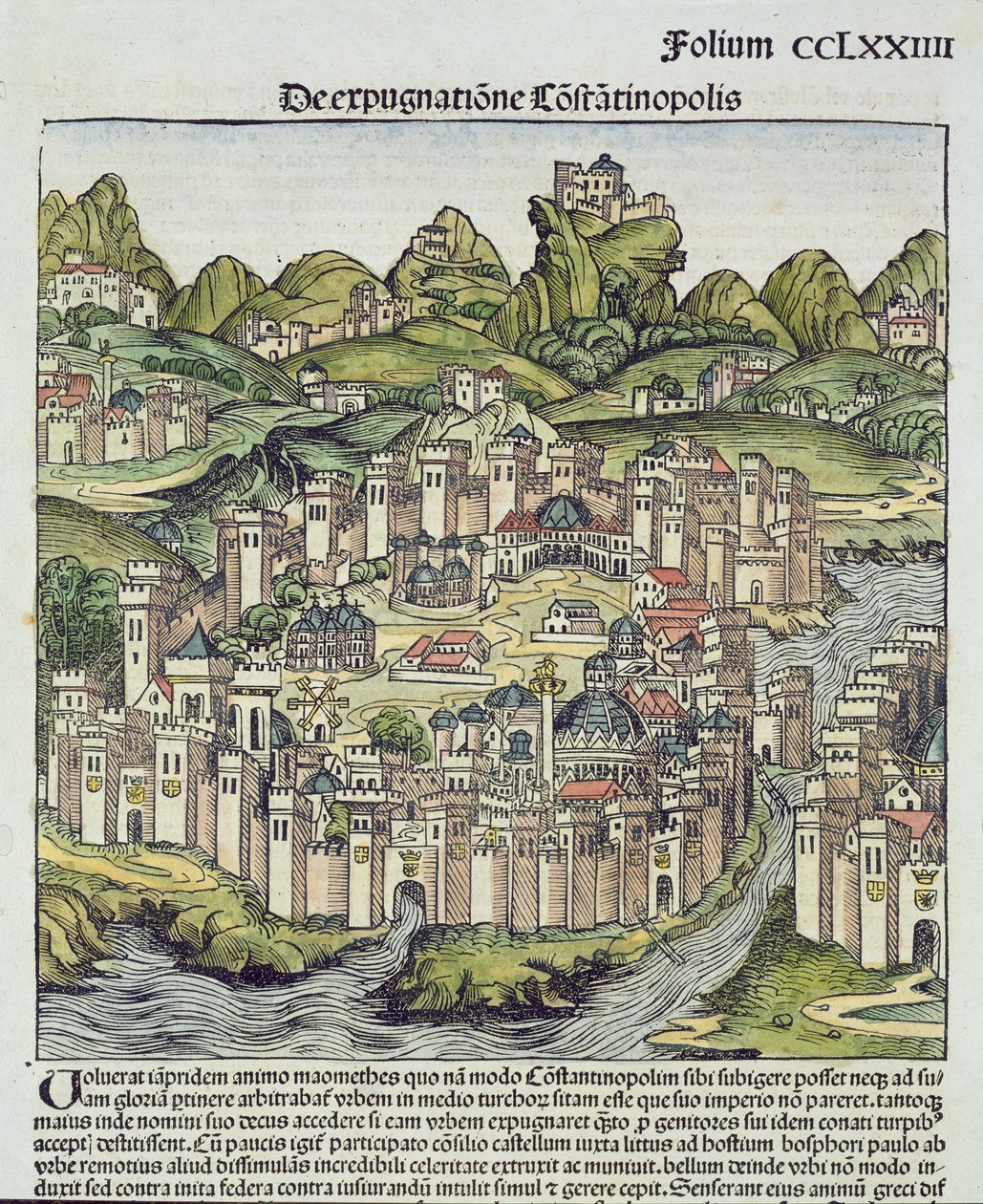 Udsigt over den befæstede by Konstantinopel, fra Nürnberg-krøniken af Hartmann Schedel (1440-1514) 1493 (træblok) af German School